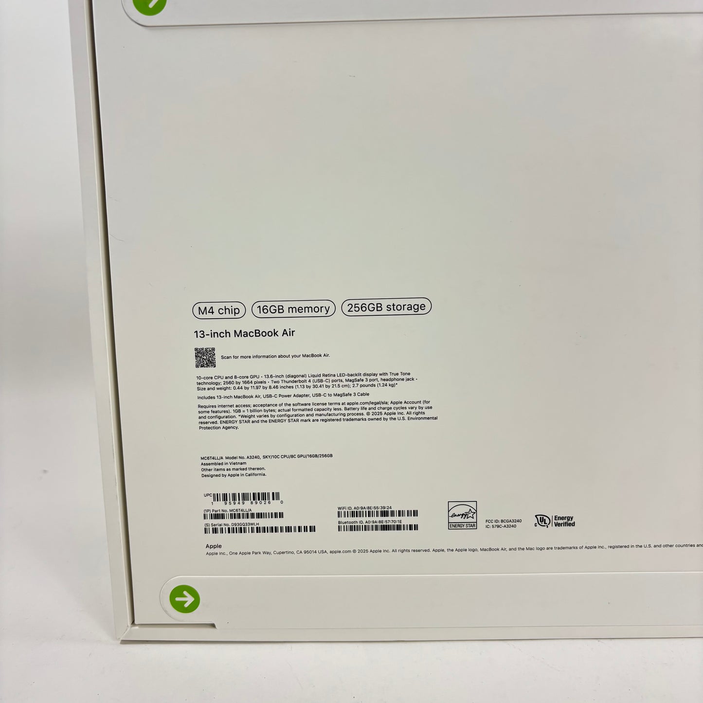 New 2025 Apple MacBook Air 13.6" M4 8C GPU 4.5GHz 16GB RAM 256GB SSD MC6T4LL/A