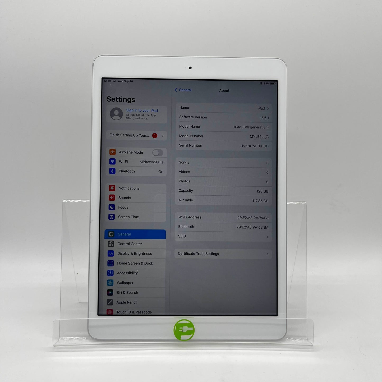 WiFi Only Apple iPad 8th Gen 128GB Silver MYLE2LL/A