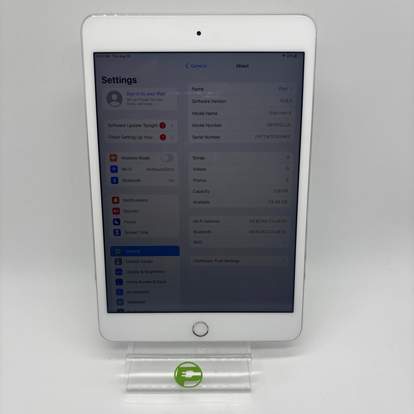 WiFi Only Apple iPad Mini 4th Gen 128GB 15.8.3 Silver MK9P2LL/A