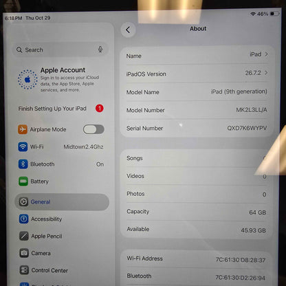 WiFi Only Apple iPad 9th Gen 64GB Silver MK2L3LL/A
