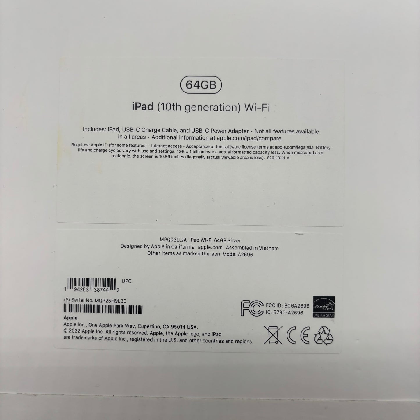 New WiFi Only Apple iPad 10th Gen 64GB Silver MPQ03LL/A