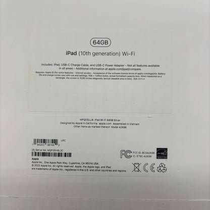 New WiFi Only Apple iPad 10th Gen 64GB Silver MPQ03LL/A