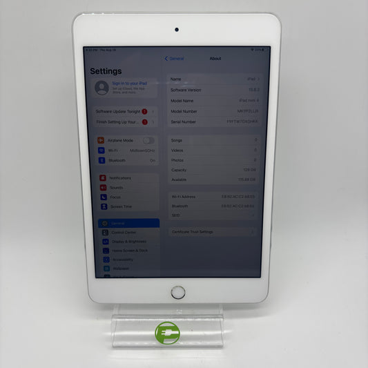 WiFi Only Apple iPad Mini 4th Gen 128GB 15.8.3 Silver MK9P2LL/A